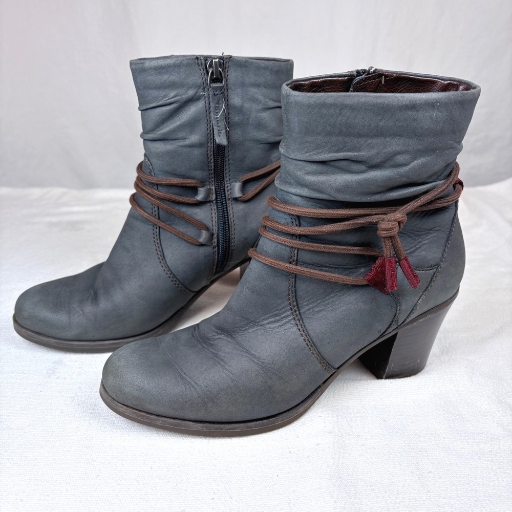 Tamaris Blue Leather Fleece Lined  Slouch Ankle Boots Block Heel Tassel 37 6.5